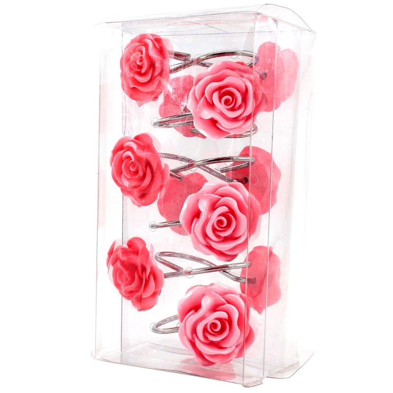BEAVO Shower Curtain Hooks, Home Decorative Rustproof Shower Curtain Hooks Resin Rose Flower Shower Hooks Rings for Bathroom Shower Rods Curtains,Set of 12 Hooks (Pink) - Image 5
